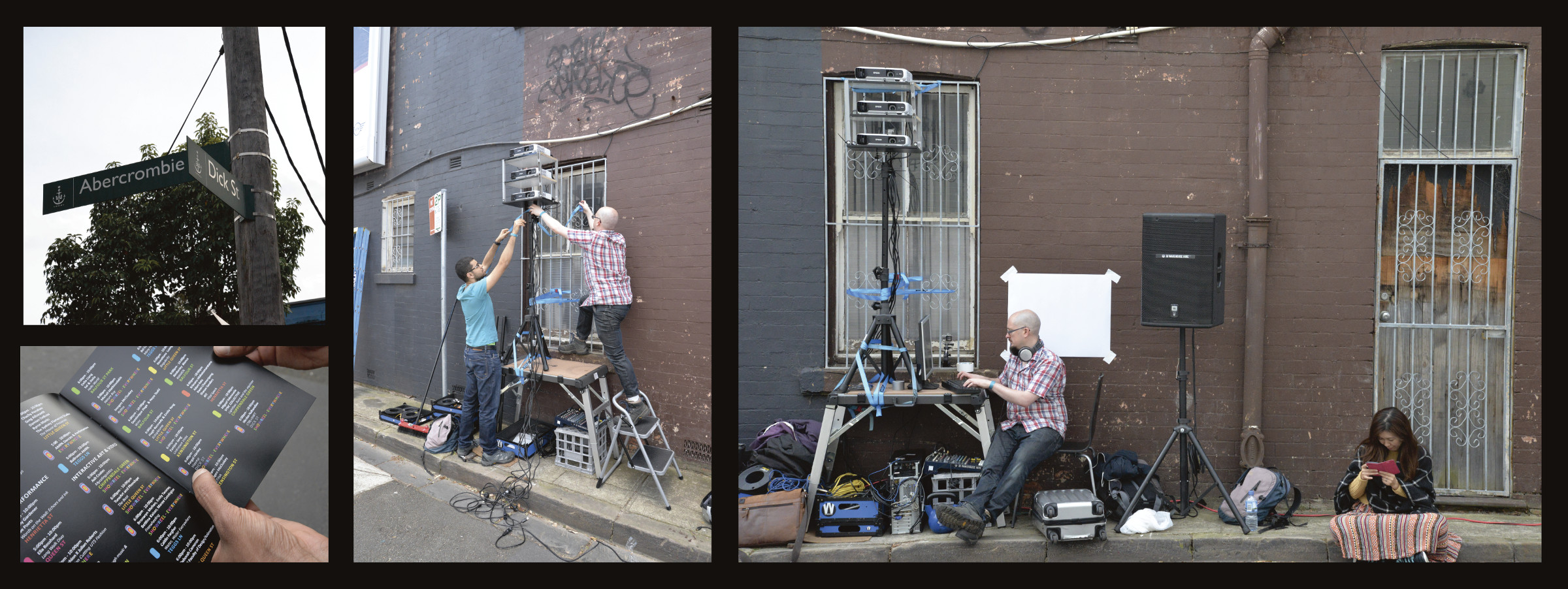 Left to right - street sign at the corner where we setup - the festival booklet - myself and Seth getting the rig setup - testing the rig while my bored wife passes the time on her phone. We look like a couple of cyberpunk nomadic street dwellers.